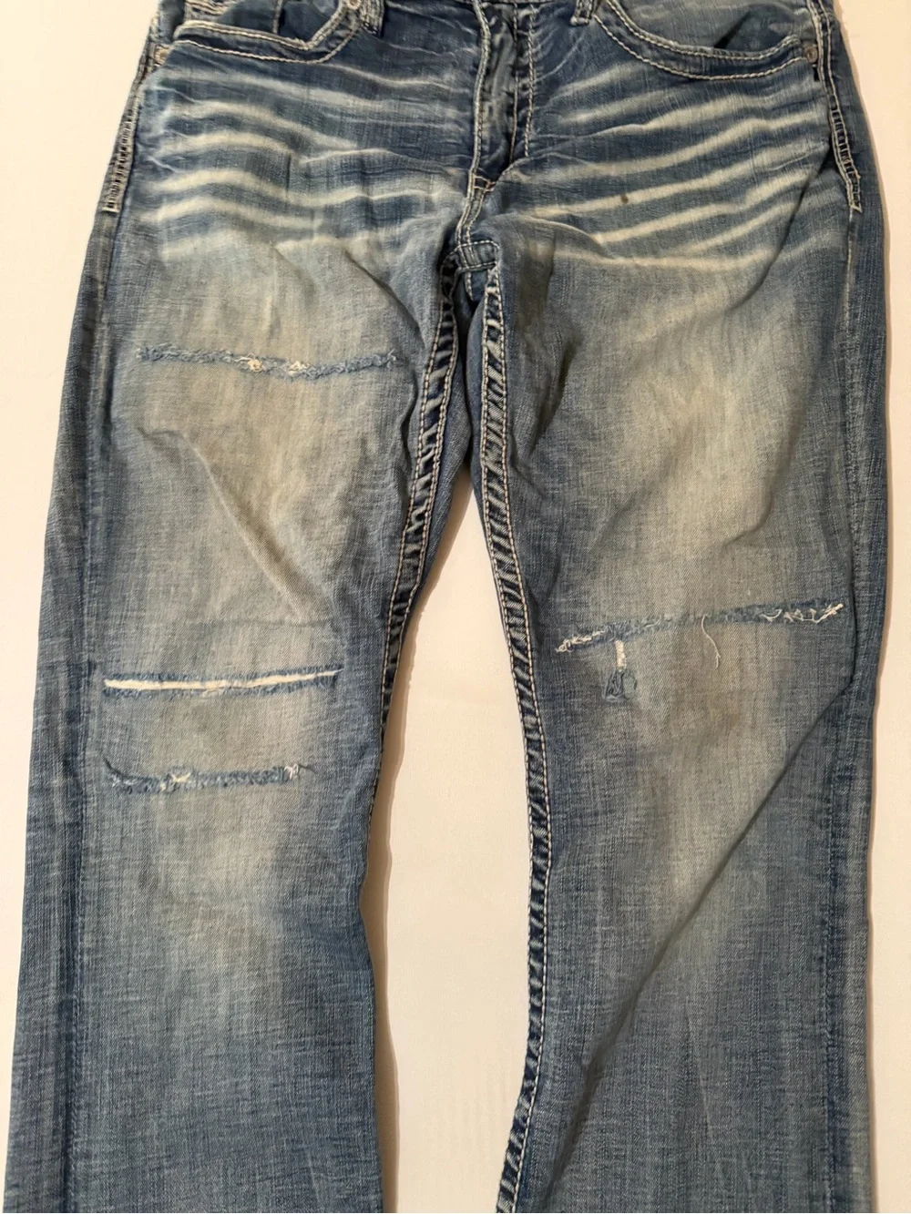 BKE Jake Jeans Mens 34x32 Dark Wash Straight Stretch Denim Whiskers Thrashed